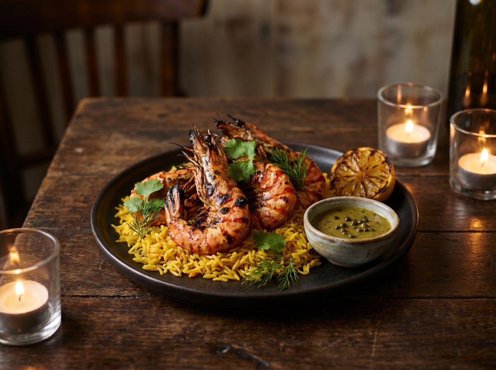 Gegrillte Riesengarnelen auf Biryani-Reis mit grüner Pfeffersauce