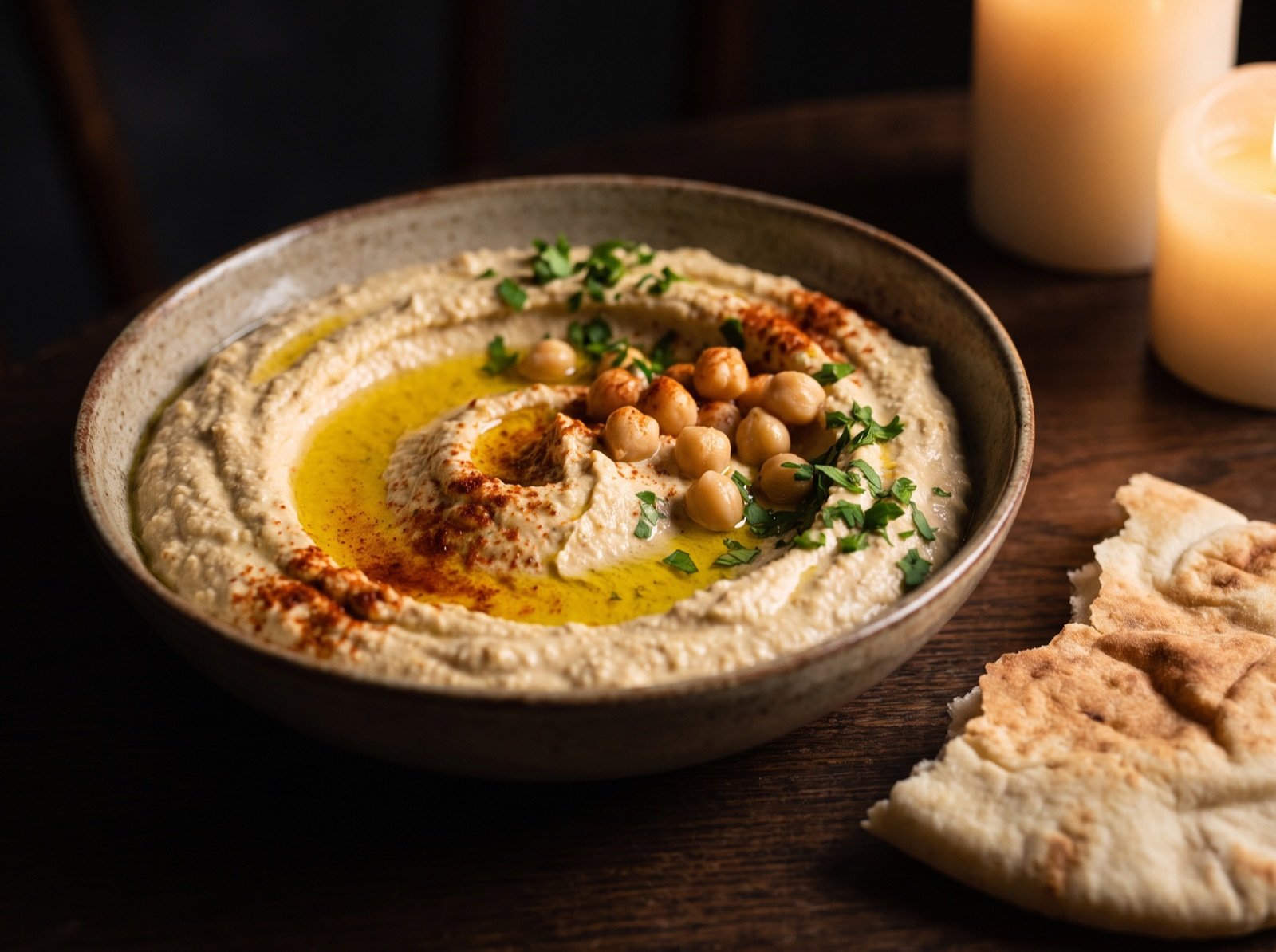 Hummus bil Tahini mit Olivenöl, Kichererbsen und Fladenbrot