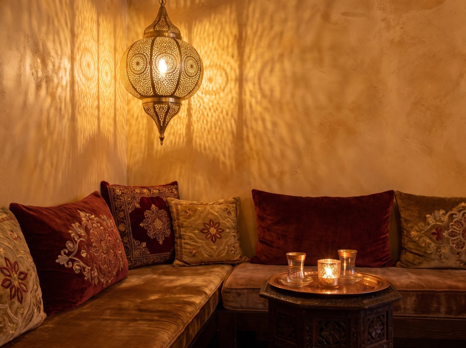 Gemütliche Sitzecke mit orientalischen Kissen und Laterne