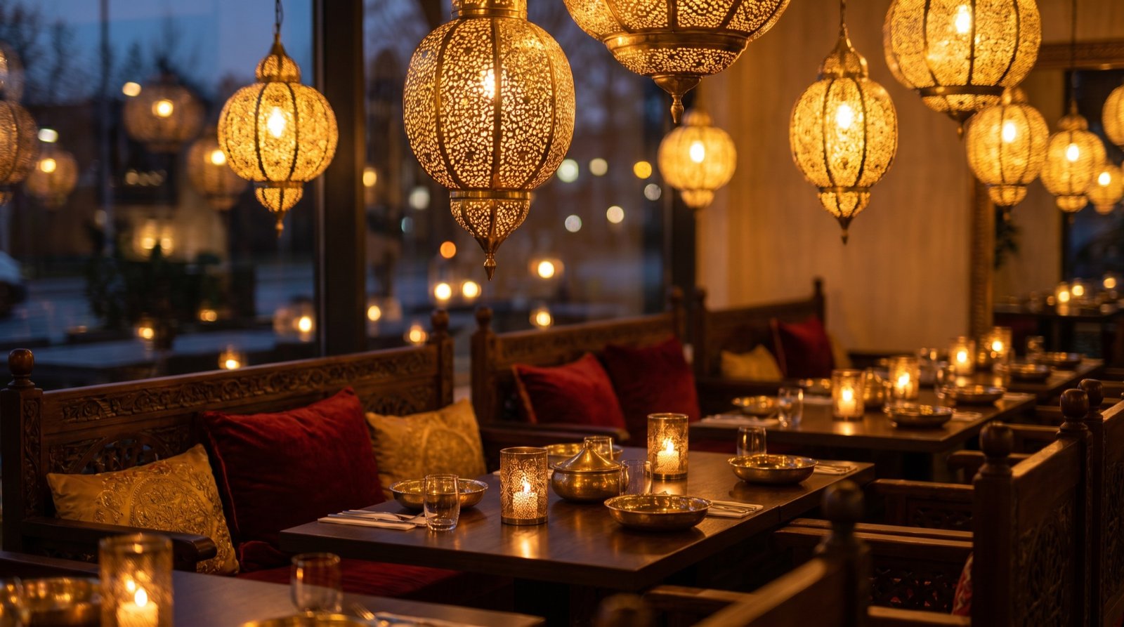 Abendstimmung im Restaurant mit goldenen Laternen und roten Samtkissen