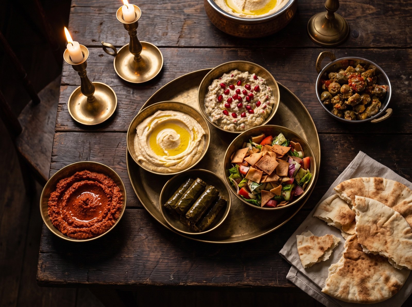 Kalte Mezze-Platte mit Hummus, Baba Ganoush, Muhammara und gefüllten Weinblättern