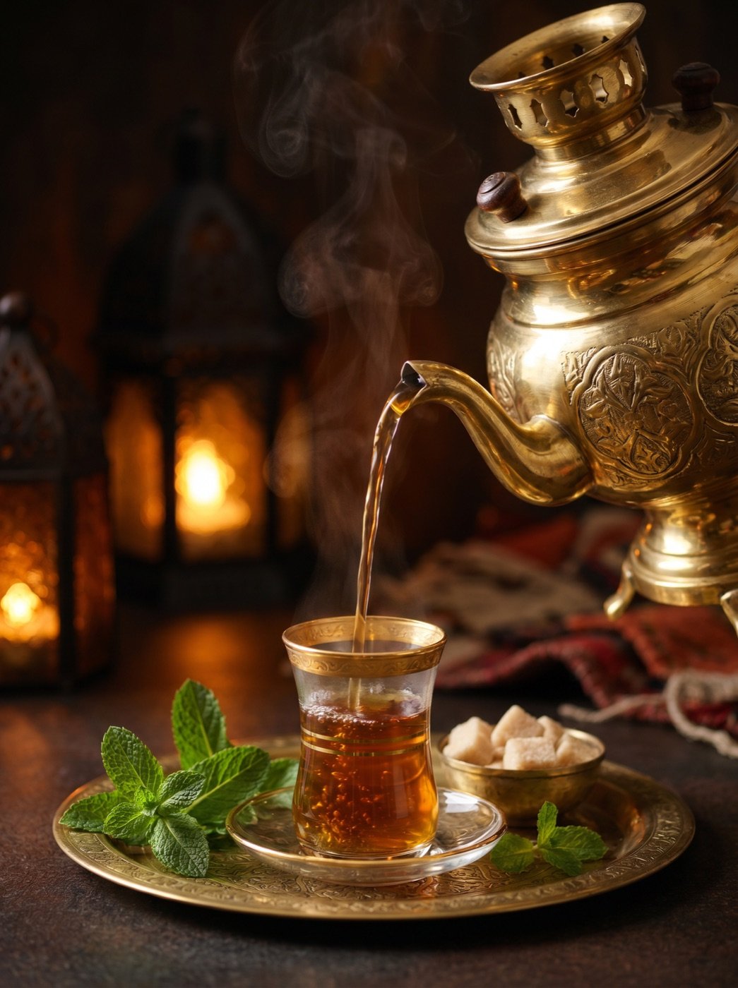 Frischer Minztee wird aus einem Messing-Samowar in ein orientalisches Teeglas gegossen
